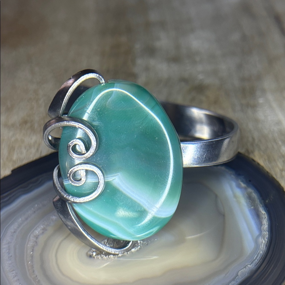 Teal Banded Agate Stone Silver Fork Wrapped Cuff Style Bracelet